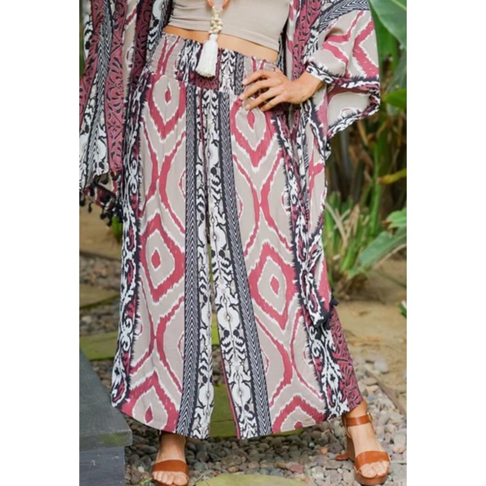Bali Queen Aztec Smocked Waist Wide Leg Printed Pants One Size NEW